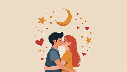 Couple in love kissing surrounded by hearts, stars, and a crescent moon in a playful design
