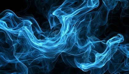 Vibrant blue smoke swirling against a black background creates a mesmerizing and abstract artistic effect, perfect for creative designs and digital backgrounds.