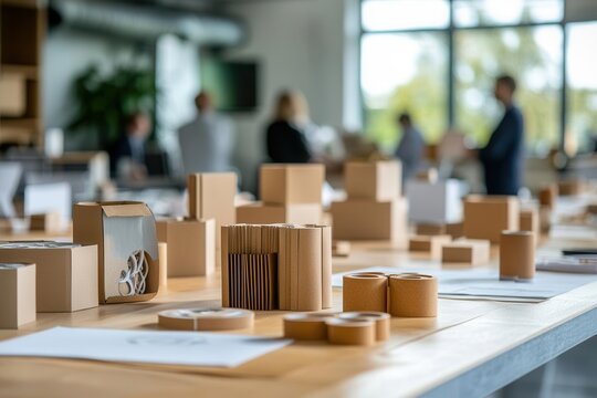 Sustainable packaging prototypes on display in a product development meeting
