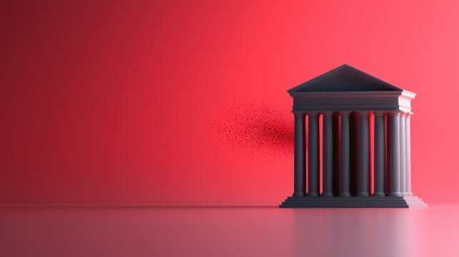 digital illustration of a temple or a temple with a red background. The temple is a tall, rectangular structure with a pointed roof and four columns on either side.