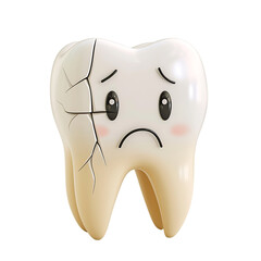 Adorable cartoon broken tooth with expressive emotions and cracks, suitable for dental care concepts, educational material, and humor designs, Transparent PNG.