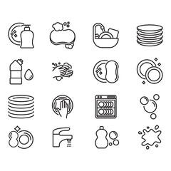 Set of dishwashing icons. Thin line vector. Contains icons such as foam, dish soap, clean dishes.
