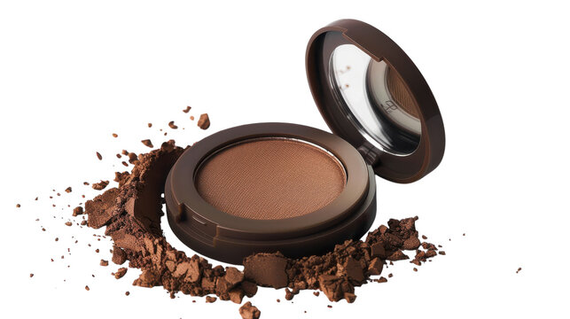 A close-up view of a broken bronzer compact with powder scattered on a white background, highlighting its texture and color.