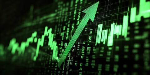 Green Stock Market Graph Showing Rising Trend with an Upward Arrow on Digital Financial Display Background for Investment Analysis. Global Stock market rally or recovery concept.stock, cryptocurrency 