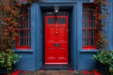 Vibrant red front door on a charming london residential street capturing urban elegance