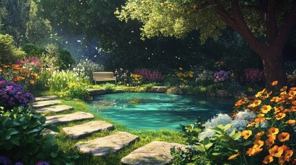 Fototapeta premium A serene garden scene featuring a tranquil pond surrounded by vibrant flowers and greenery.
