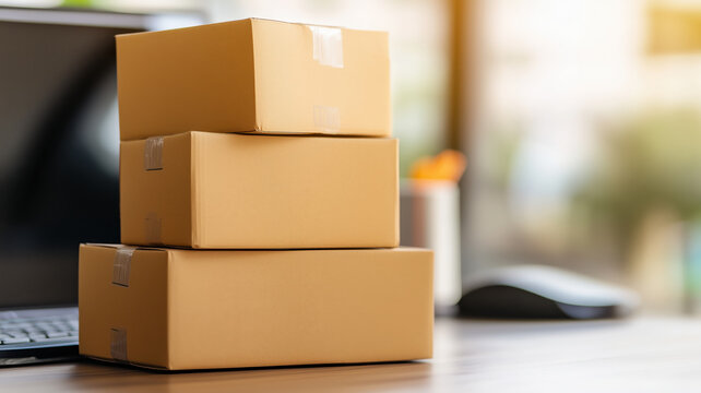 Efficiently organized shipping boxes stacked on desk near laptop, showcasing workspace ready for fulfilling orders