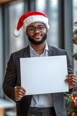 A well-dressed young man stands confidently, wearing a Christmas hat while holding a blank sign. The modern space is festive with a decorated tree in the background, suggesting a holiday celebration