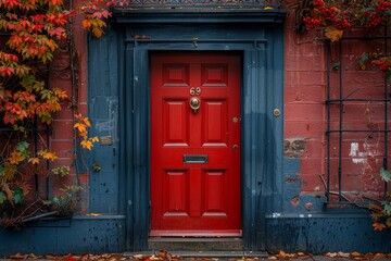 Vibrant red residential front door on a classic london street exuding charm and character