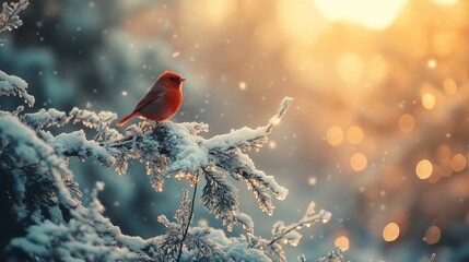 A vibrant red bird perched on a snowy branch, glowing in the soft light of a winter sunset. Nature shines in this serene moment.