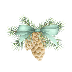 Christmas ornament with fir branches and cones tied with green bow. Hand drawn watercolor isolated illustration spruce eco decoration for New Year greeting cards, stickers and festive packaging.