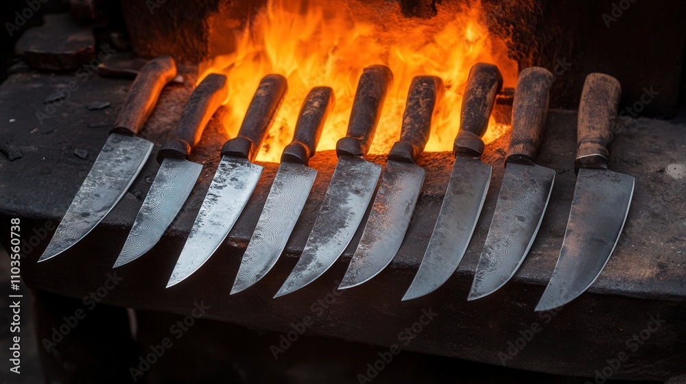Poster a blacksmith creating a set of custom knives, grinding the edges and polishing the handles, ensuring