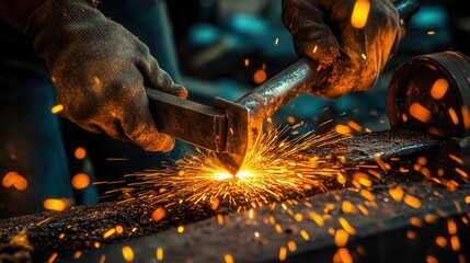 A blacksmith creating a handmade knife, carefully grinding the edge with a wheel, shaping it with a hammer, and inspecting it for quality and sharpness