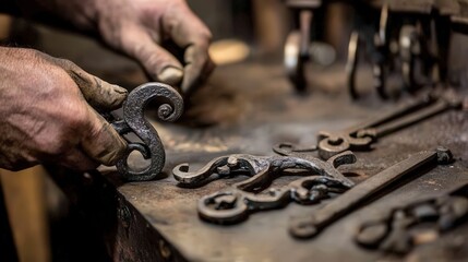 A blacksmith creating decorative hooks for a home, shaping the iron with delicate care, making sure each piece fits the client specific design request.