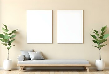 Two white canvas frames hanging on a beige wall above a wooden bench with gray cushions