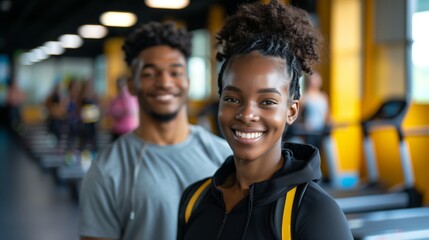A fitness coach and partner pose together in a gymnasium, smiling warmly at the camera. Their inviting demeanor reflects joy and teamwork in a health-focused environment