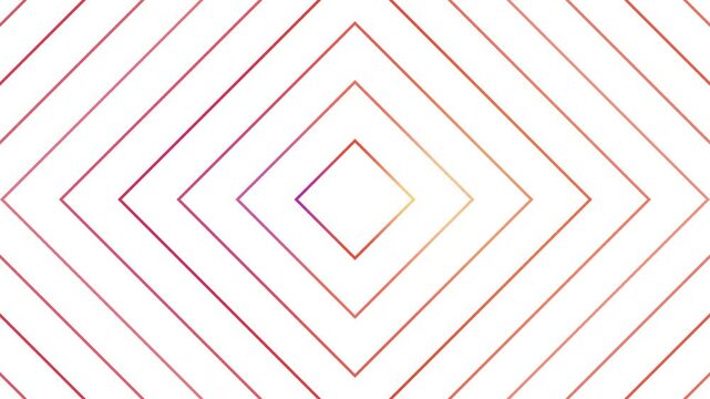 Fine, vivid gradient lines forming outlined diamonds on a white background, expanding outward like a kaleidoscope. Thin, elegant visuals create a subtle and mesmerizing effect. 4K Motion Graphics.