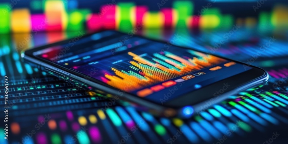 Poster smartphone displaying real-time stock market data with vibrant graphs and colorful bar charts on a d