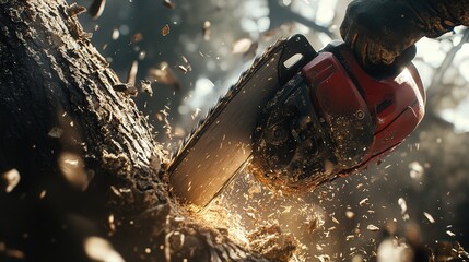 A chainsaw cutting through a large tree trunk, with wood chips flying in the air.