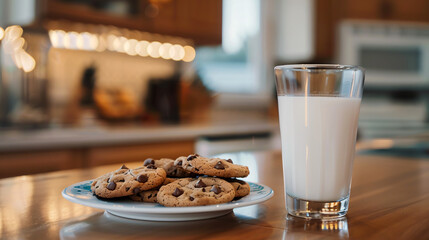 Plate of cookies and a glass of milk on a table in a modern kitchen.