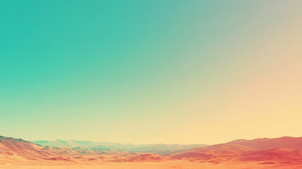 Fototapeta premium Serene landscape photo featuring a vast desert plain under a vibrant, two-toned sky. Pastel hues of teal and peach create a calm, minimalist feel.