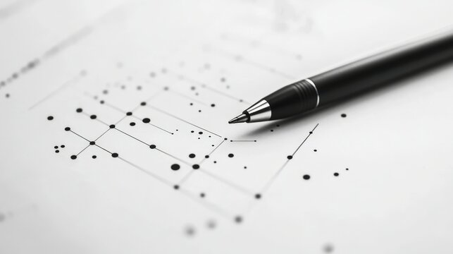 Scatter plot with small dots in black ink axes sketched on white paper black pen lying parallel to the chart