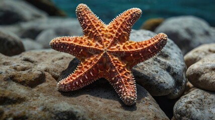 Here's a caption and keywords for your stock photo.. Orange starfish on rocky beach.