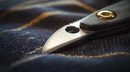 A close-up of a cutter knife with an ergonomic handle, being used to trim a piece of fabric. The blade glides smoothly