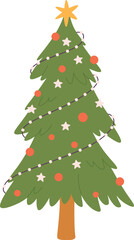 A cartoonish green Christmas tree with red and gold ornaments and a star on top
