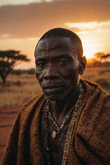 Close-up portrait of a African man at sunset. His pensive expression and traditional clothing create a powerful and evocative image. Perfect for projects focused on culture, identity, and portraiture