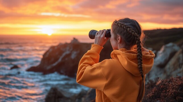 A teenage girl with braided hair wearing a hoodie using binoculars while standing on a rocky cliff with a vibrant sunset behind