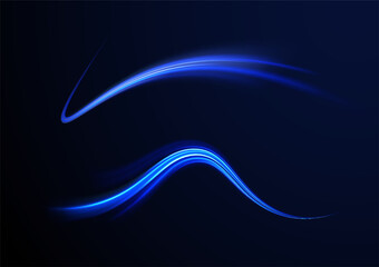 Light trail wave, fire path trace line, car lights, optic fiber and incandescence curve twirl. Big data traffic visualization, dynamic high speed, png, effect. Vector glowing lines air flow effect. 
