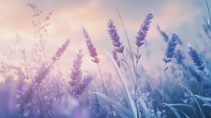 Soft pastel sunset light bathes a field of delicate lavender and wildflowers.  A dreamy, peaceful scene evokes tranquility and serenity.