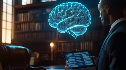 A formal office setting with a lawyer holding a tablet displaying AI ethics laws. Behind, a glowing holographic AI brain adds a futuristic element.