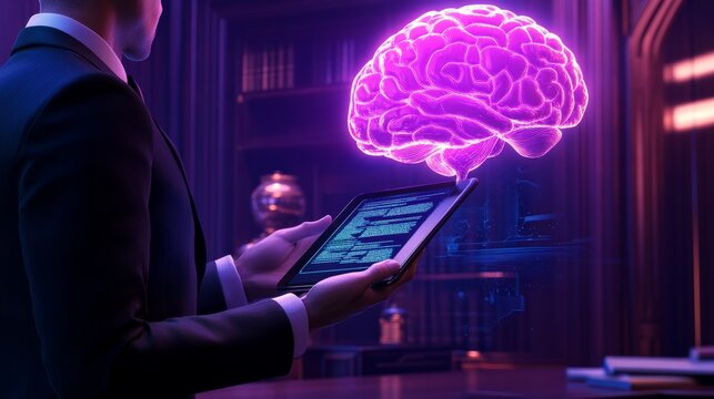 A formal office setting with a lawyer holding a tablet displaying AI ethics laws. Behind, a glowing holographic AI brain adds a futuristic element. - Powered by Adobe