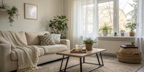 Cozy Minimalist Living Room with Natural Light, Neutral Tones, and Stylish Decor for Relaxation and Comfort