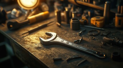 A close-up of a high-quality wrench resting on a mechanic workbench, surrounded by various tools.