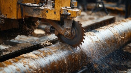 A close-up of a reciprocating saw with a metal cutting blade slicing through a piece of pipe.