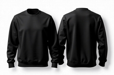 A blank black sweatshirt template displayed in both front and back views, isolated on a clean white background. Perfect for apparel design mock-ups, branding, and fashion product showcases.
