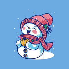 A cute snowman wearing a red beanie and scarf is having fun carrying a pumpkin at Christmas