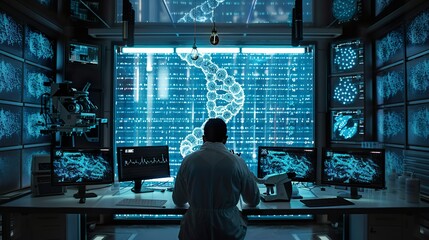 High-Tech DNA Research Laboratory: Scientist Analyzing Genetic Samples with Advanced Microscopy and Computer Technology