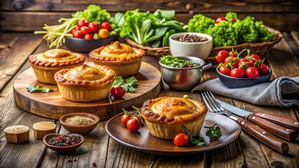 Elegant Table Setting Featuring Savory Beef Pies and Fresh Salad, Perfect for a Cozy Dinner Gathering with Family and Friends in a Warm Atmosphere