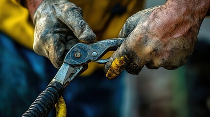 A close-up of a worker using pliers to tighten a clamp around a hose.