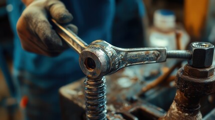 A close-up of a wrench tightening a fastener in a plumbing system