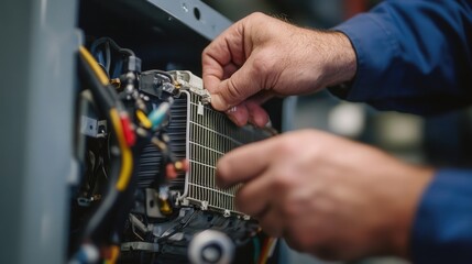 Obraz premium A close-up of an air conditioner technician hands installing a new AC filter,