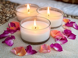 Tranquil scene with burning candles surrounded by rose petals.