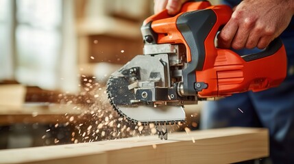 A close-up of an electric miter saw cutting through trim molding at a precise angle.