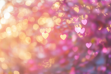Valentine's day abstract background. Romantic pink and yellow glow defocused hearts bokeh.