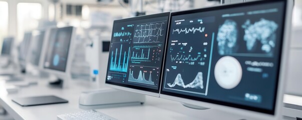 High-tech laboratory with touchscreens displaying global health data for predictive analysis