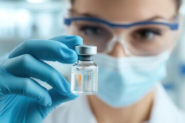 Researcher preparing a vaccine vial for preclinical testing in a controlled lab environment